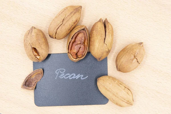 Pecan Nuts Wooden Board Blackboard Lettering Pecan — Stock Photo, Image