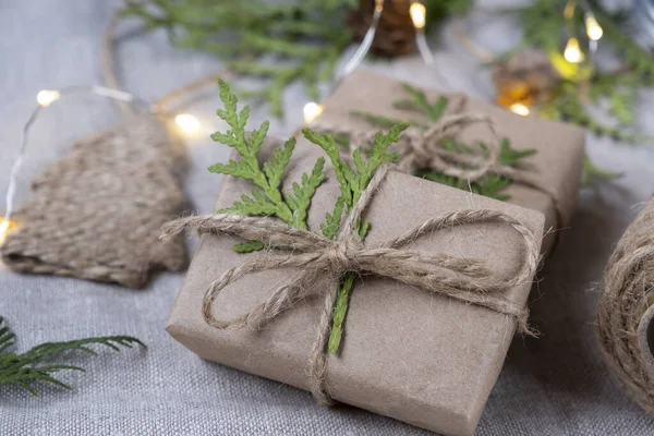 Presentes Ano Novo Embalagens Artesanais Natal Ano Novo Feriados Fundo — Fotografia de Stock