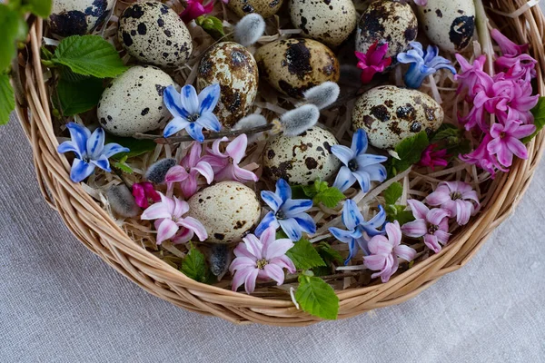 Feliz Pascua Cesta Mimbre Con Huevos Pascua Flores Brillantes Primavera —  Fotos de Stock
