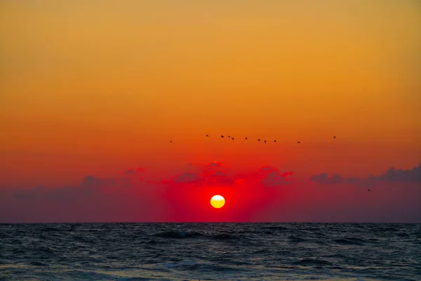 亚速海灿烂的红色日出 美丽的天空在海面上飞舞着 — 图库照片