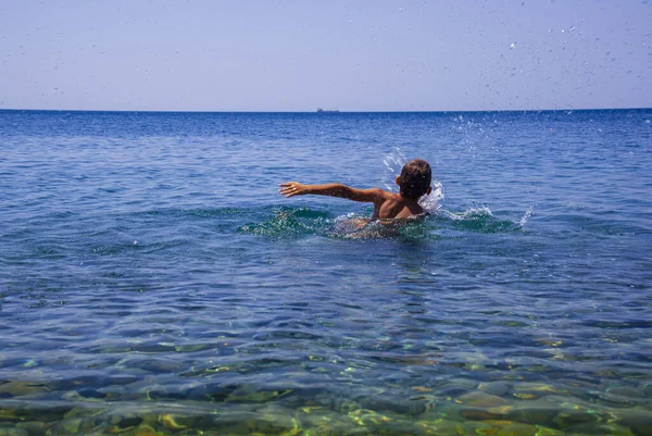 Boy Learning Swim Sea Summer Holiday Sea Concept Relaxation Healthy — Stock Photo, Image