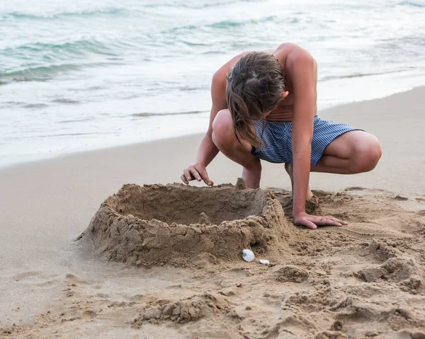 Boy Beach Plays Sand Relax Travel Concept Mediterranean Sea Spain — Stock Photo, Image