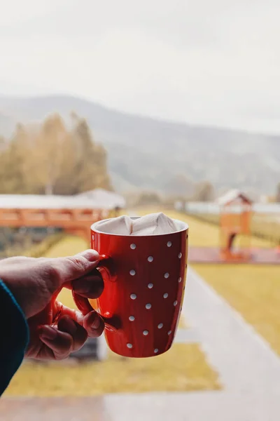 Main féminine tient une tasse de cacao chaud sur le fond de la cour d'automne — Photo