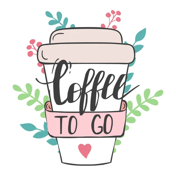 Cute paper coffee cup with text Coffee to go — Stock Vector