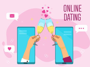 Online flört konsepti. Köpüklü şarap tutan eller