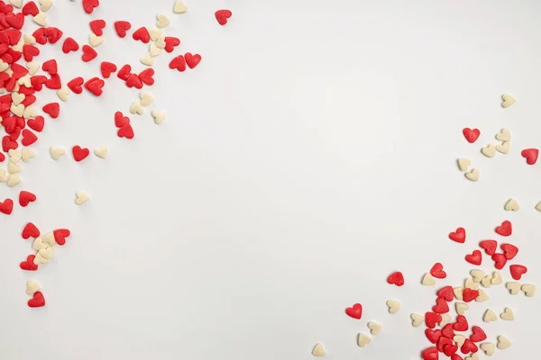 Zuckerherzen Auf Weißem Hintergrund Draufsicht Hintergrund Zum Valentinstag — Stockfoto