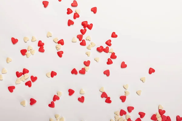 Zuckerherzen Auf Weißem Hintergrund Draufsicht Hintergrund Zum Valentinstag — Stockfoto
