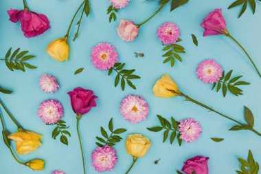 Çiçekler, yapraklar ve yapraklarla oluşturulmuş yaratıcı düz bir kompozisyon.