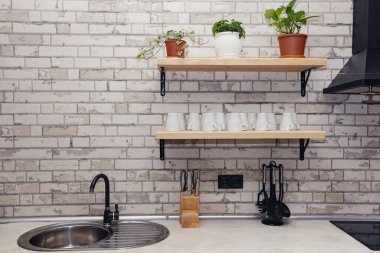 Bir sürü kupa ve ev bitkileriyle dolu mutfak.