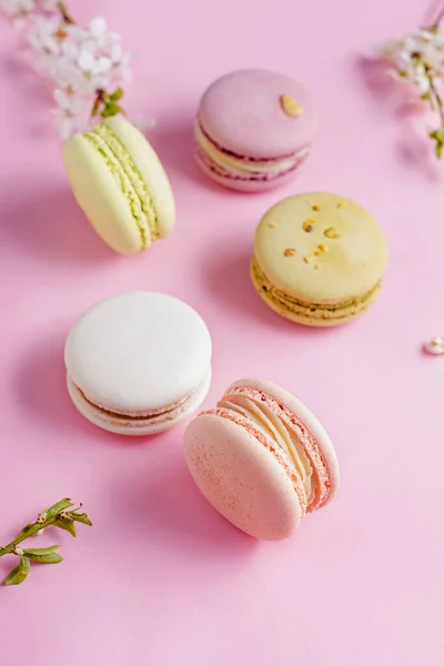 Französische Dessertmacarons Verschiedenen Geschmacksrichtungen Und Frühlingsbaumblüte Auf Pastellrosa Hintergrund Ansicht — Stockfoto