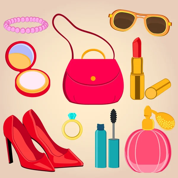 Conjunto de accesorios y cosméticos para mujer — Vector de stock