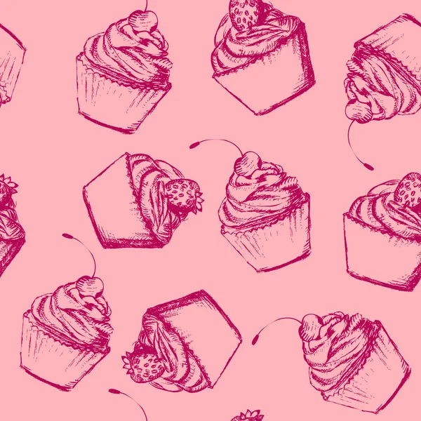 Patrón sin costuras con cupcakes estilo boceto — Archivo Imágenes Vectoriales