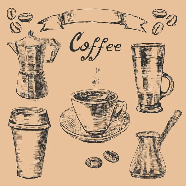 Setsketch stile tazze di caffè e oggetti — Vettoriale Stock