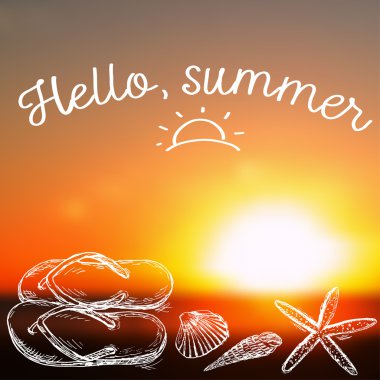 Şablon bulanık günbatımı arka plan ve elle çizilmiş yaz el ile