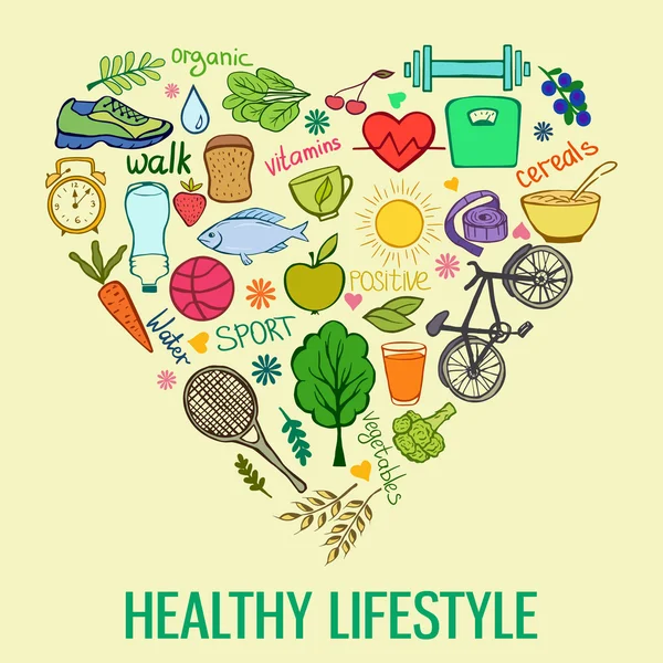 Healthy lifestyle elements arranged in a heart shape — Stock Vector