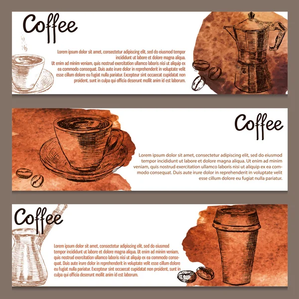 Afiş el çekilmiş kahve öğeleri, suluboya sıçraması ve pl ile — Stok Vektör