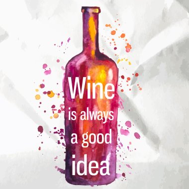 Abstract watercolor wine bottle with splashes of paint and text