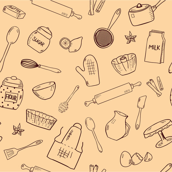 Pattern with hand drawn kitchen items