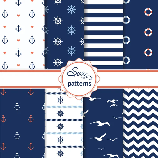 Set of simple cute nautical seamless patterns — Stock Vector