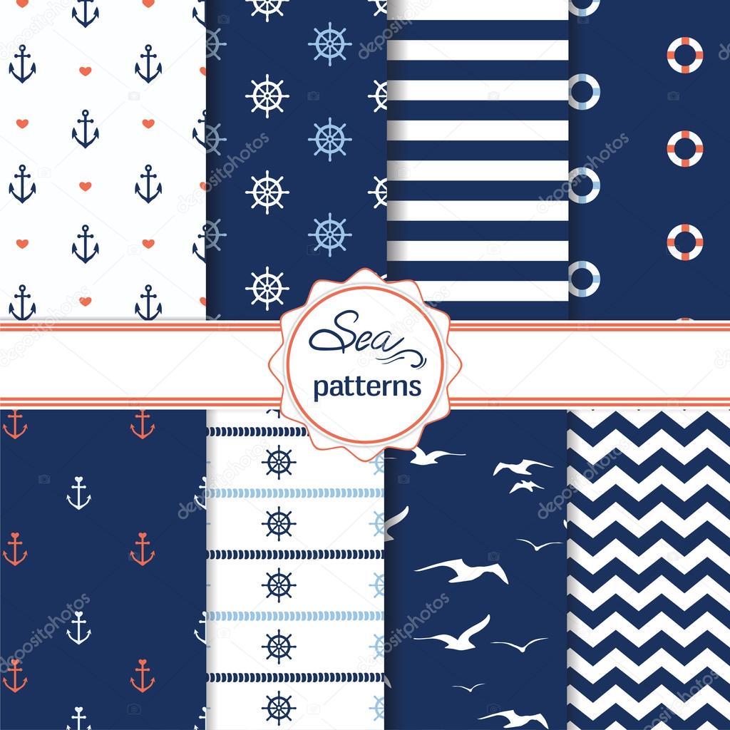 Set of simple cute nautical seamless patterns