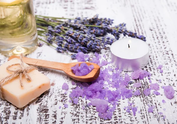 Spa still life with lavender and sea salt — Stock Photo, Image