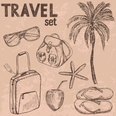 Elle çizilmiş yaz seyahat nesneleri