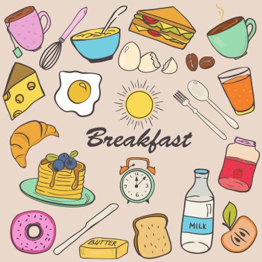Doodle tarzı yemek kahvaltı için kümesi