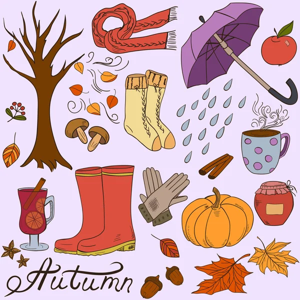 Set of doodle style autumn clothes, food, elements and symbols — Stock Vector