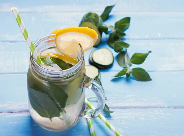 Lemon cucumber detox water in glass jar — Stock Photo, Image