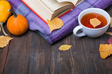 Sarı sonbahar yaprakları, pumpkins, çay, battaniye ve kitap
