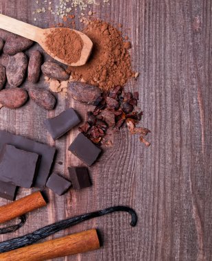Çikolata, kakao çekirdekleri, kakao tozu ve baharatlar
