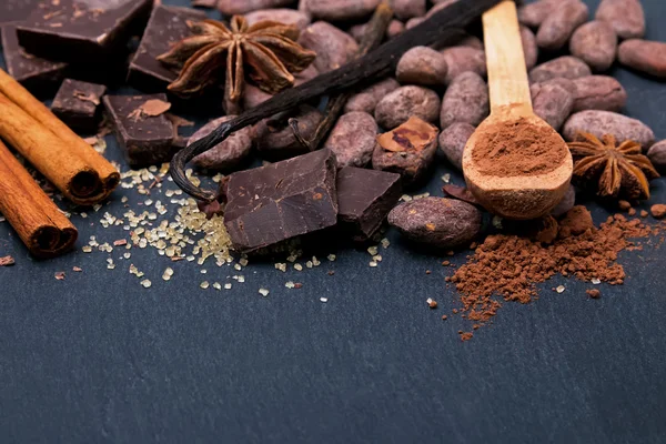 Cacao, chocolate y especias sobre fondo negro —  Fotos de Stock
