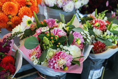 Renkli çiçekçi vitrininde karışık buketler, pembe yıldız çiçekleri, portakal çiçekleri ve kağıda sarılmış yeşillikler, sığ tarlalar.
