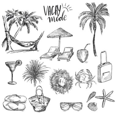 El çizimi yaz tatili karalama seti: palmiye ağaçları, hamak, şezlonglar, şemsiye, kokteyl ve diğer el yapımı yaz öğeleri, tatil modu metni
