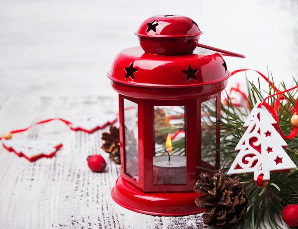 Red christmas lantern with candle — Stock Photo, Image