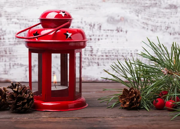 Red Christmas lantern  with candle — Stock Photo, Image