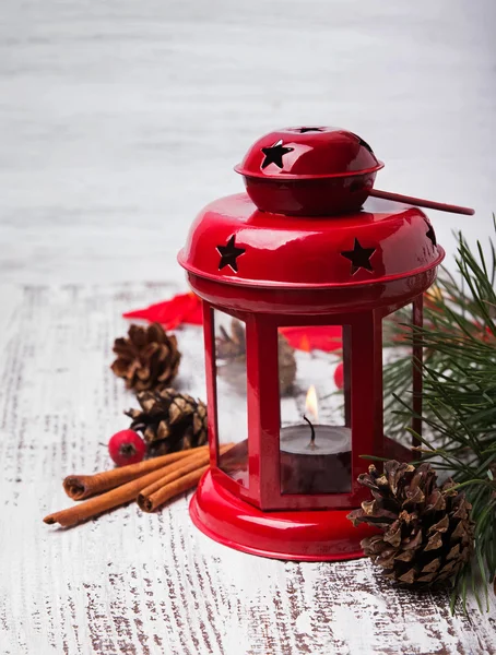 Red Christmas lantern with candle — Stock Photo, Image