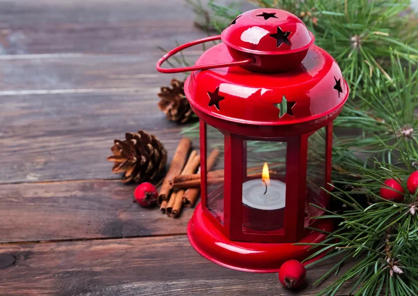 Red christmas lattern with candle — Stock Photo, Image