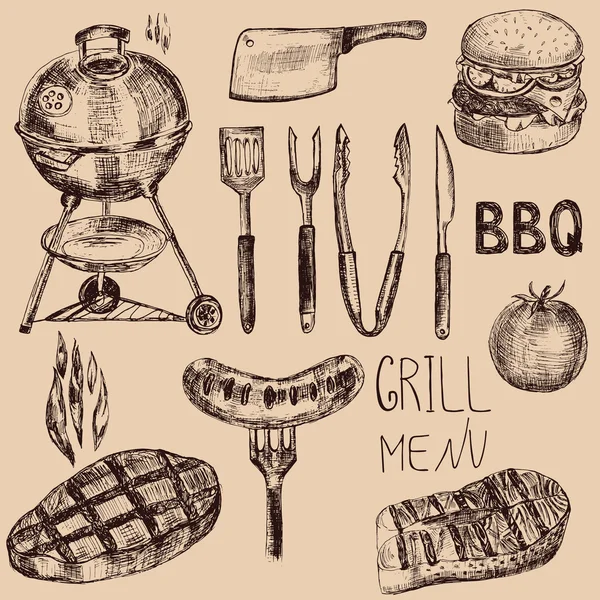 Ensemble barbecue dessiné à la main — Image vectorielle