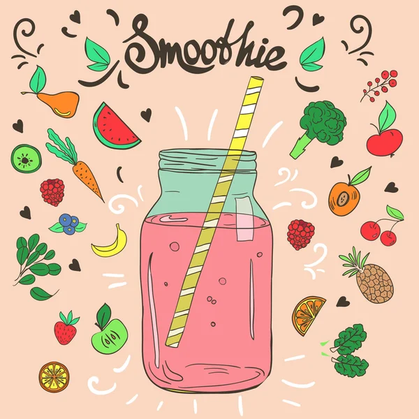 Χέρι που φρούτα, smoothie βάζο και doodles. — Διανυσματικό Αρχείο