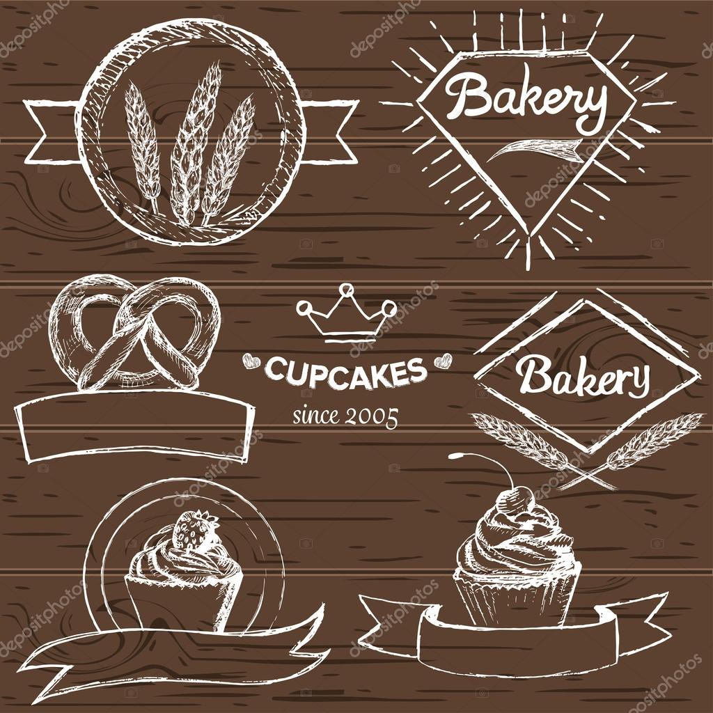 Set of hand drawn vintage bakery logos on wooden background