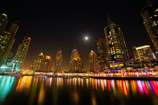 Dubai marina panorama of skyscrapers in summer night, Dubai, UAE