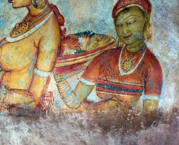 Antika freskomålningar på väggen i Sigiriya — Stockfoto