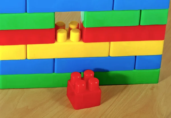 Plastic Toy Blocks Construction Wooden Table — Stock Photo, Image