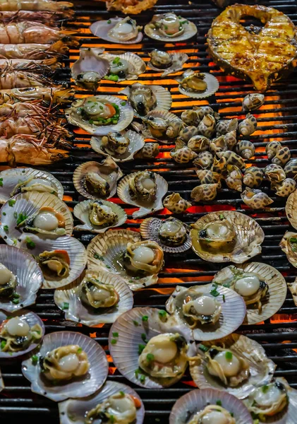 Grilled Fresh Seafood Scallop Food Raw Background Seashell Clams Fish — Stock Photo, Image