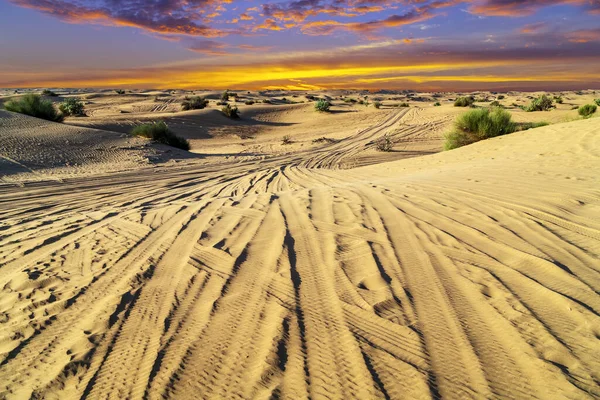 Woestijnlandschap Zandduinen Bandensporen Auto Wiel Achtergrond — Stockfoto