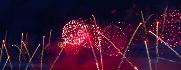 Vuurwerk Nieuwjaar Hemel Feest Abstracte Bokeh Nacht Achtergrond Voor Vakantie — Stockfoto