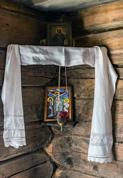 Ícone Ortodoxo Antigo Pintura Cristã Velho Canto Vermelho Religioso Icon — Fotografia de Stock