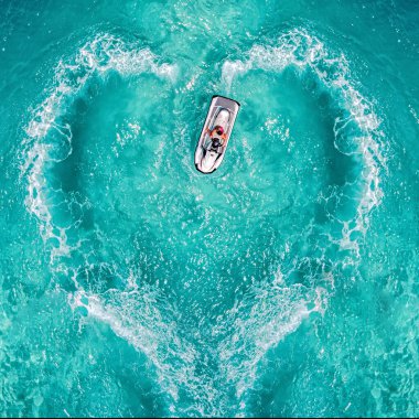 Waverunner aquabike splash love heart top symbol water jet drive or jet pump. Aerial view water motorcycle Maldives watersports events clipart