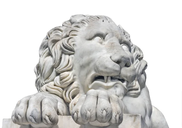 Γλυπτικό Λιοντάρι Άγαλμα Μάρμαρο Leo Κηδεμόνα Απομονώνονται Λευκό — Φωτογραφία Αρχείου